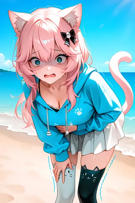 NyannersBase, long hair, cat ears, cat tail, hoodie, long sleeves, camisole, cat print, white skirt, cat ear legwear, asymmetrical legwear,nyanners, general, masterpiece, highres, ultra-detailed, hyper-detailed, best quality,  amazing quality, very aesthet...