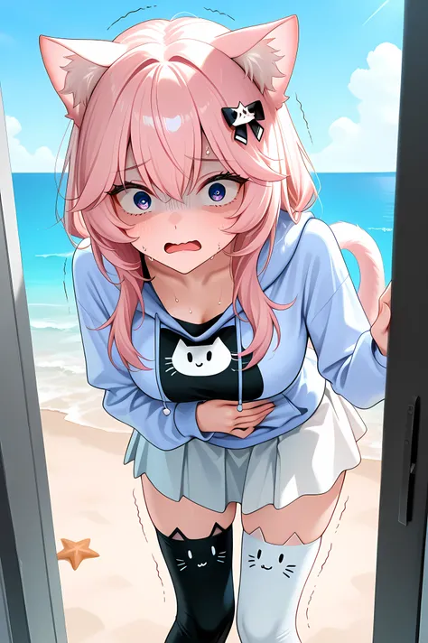 NyannersBase, long hair, cat ears, cat tail, hoodie, long sleeves, camisole, cat print, white skirt, cat ear legwear, asymmetrical legwear,nyanners, general, masterpiece, highres, ultra-detailed, hyper-detailed, best quality,  amazing quality, very aesthet...