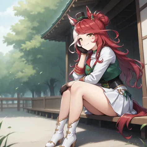 anime, lazypos, masterpiece, best quality, amazing quality, 1girl, solo, in shinto temple, loves only you \(umamusume\), bangs, long hair, mini hat, mini top hat, multicolored hair, red hair, white hair, top hat, hat, race costume, boots, earrings, gloves,...