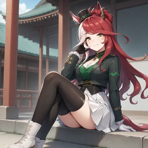anime, lazypos, masterpiece, best quality, amazing quality, 1girl, solo, in shinto temple, loves only you \(umamusume\), bangs, long hair, mini hat, mini top hat, multicolored hair, red hair, white hair, top hat, hat, race costume, boots, earrings, gloves,...