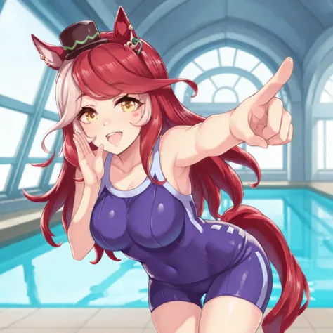 anime, lazypos, masterpiece, best quality, amazing quality, 1girl, solo, at indoor pool, loves only you \(umamusume\), bangs, long hair, mini hat, mini top hat, multicolored hair, red hair, white hair, pointing finger up, tracen swimsuit, swimsuit, bare sh...