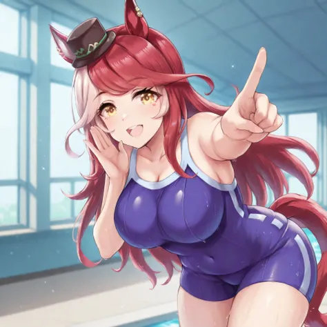 anime, lazypos, masterpiece, best quality, amazing quality, 1girl, solo, at indoor pool, loves only you \(umamusume\), bangs, long hair, mini hat, mini top hat, multicolored hair, red hair, white hair, pointing finger up, tracen swimsuit, swimsuit, bare sh...