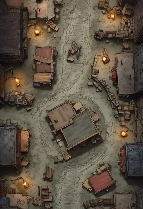 2d dnd battlemap, top-down view, grimy slum district, narrow twisted alleys, uneven muddy streets with puddles, crooked wooden and stone shacks with collapsed roofs and holes, broken fences, torn cloth covering improvised market stalls, scattered crates an...