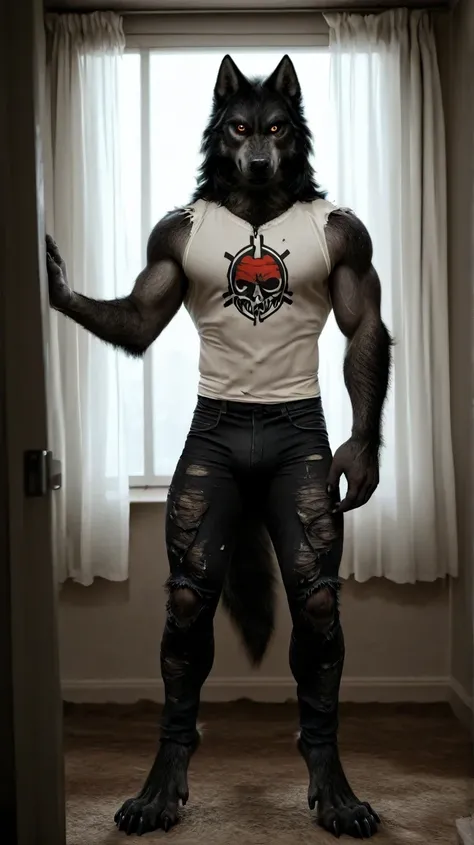 Hairy black male wolf, standing , in a room, full body, wolf tail , looking at the viewer, black hair, amber eyes , anthropomorphic wolf, in front al espectador , in front, vista frontal , torn tight pants, sleeveless white t-shirt, in a room blanca, windo...