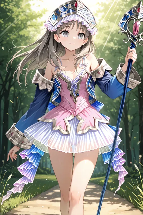 nsfw,anime,masterpiece,best quality,highres, highly dramatic picture, beautiful eyes, cinematic lens effect, ultra cute,meadow background,sunbeam,1girl,walking,totooria helmold, light brown hair, long hair, grey eyes,holding staff,totoridef, headdress, pin...