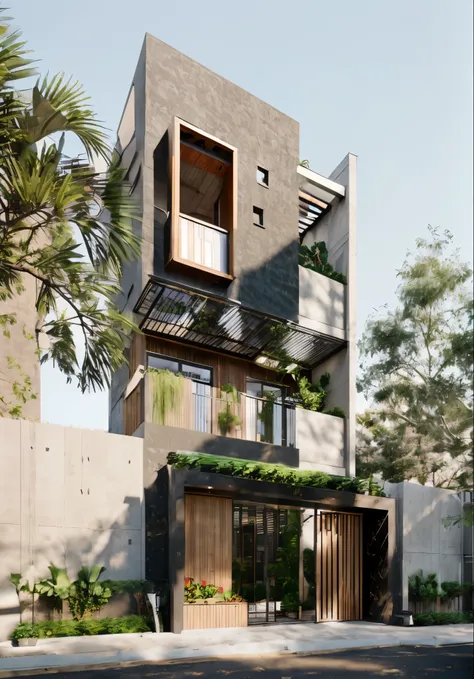 Townhouse in city, (sharp focus) front view of townhouse in style of modern, Vietnamese architecture, east asian architecture, town, blue sky, daylight, warm light, warm atmosphere, high Resolution, 8k, hdr, vray render, hyper realistic, ultra detail, hype...