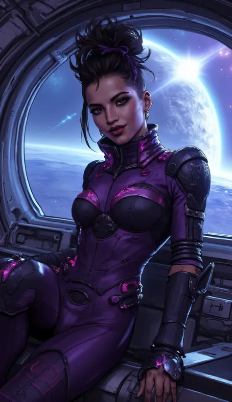 Isabela Merced as Sombra, Overwatch, futuristic cyberpunk space heroine, sitting confidently, inside a spaceship cockpit, large windows showing outer space, undercut hairstyle, purple streaks, sharp eyes, confident smirk, outfit is a sleek high-tech bodysu...