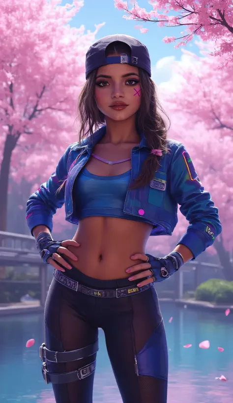Isabela Merced as Sombra, Overwatch, stylish futuristic streetwear heroine, standing confidently, serene lake, cherry blossom trees, full bloom, long hair tied in a braid, cap worn backwards, striking eyes, playful pink "X" mark on her cheek, cyberpunk and...
