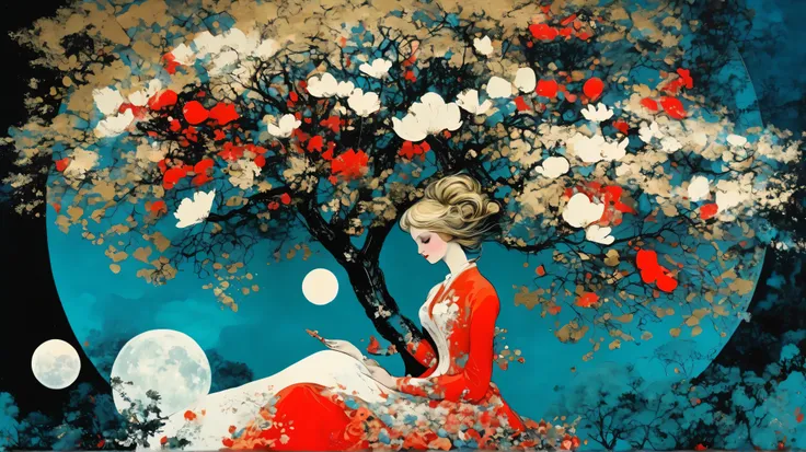 layered, a lovely girl with a lover heart, whimsy mood, moody colors by Georges Clairin, background surreal garden and a big tree, floral motif, night with a big moon by Gerald Scarfe with pattern, gold leaf details, color palette: gold, white, red, coral...
