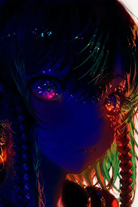 A close-up portrait of a beautiful anime girl with glowing neon green and orange streaks across her face, intense luminous eyes with spiral patterns, soft skin with realistic lighting and shadows, black and green hair with braided details, futuristic and c...