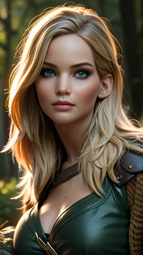 RAW digital art, ultra-realistic 3D render of a stunning woman resembling Jennifer Lawrence, ((highly detailed face:1.3)), flawless skin texture, expressive eyes with subtle reflections, soft shadows and cinematic studio lighting, Pixar-inspired style blen...