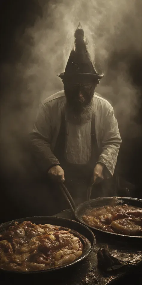 Surreal portrait of demon chef, cooking in infernal kitchen, gory ingredients, eerie smoke, disturbing gastronomy, horror, macabre, wet plate collodion process, vintage sepia tones, in the style of Richard Avedon, high detail, masterpiece.