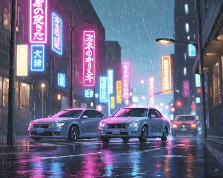 Rainy street corner on a wet night、neon light reflects off the asphalt and oozes、blurry figures and car lights in the distance、wet air、pale blue and gray base、anime style、no people
