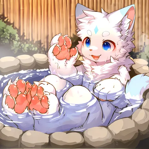 Young male white cat, Pure white skin, Sitting in large onsen, only head is out of water, the whole body is underwater except head, Wet, Tail, Pawpads, Animal hands and feet, highres, masterpiece, best quality