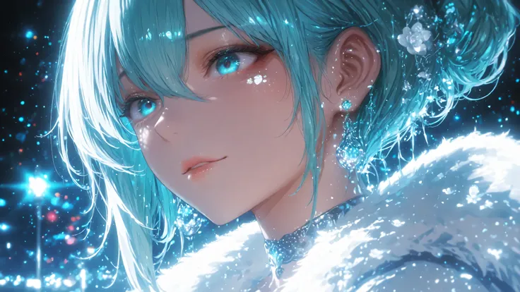 Stunning Beauty 1 Adult Woman， solo，Super-realistic Close-up Portraits of Anime Characters, inspired by Weiwei from "Weiwei: Fluorite Eye Song", Elegant expression , Charming aqua blue eyes, Smooth Futuristic Hairstyle, Movie lights, Perfect Anime Skin, St...