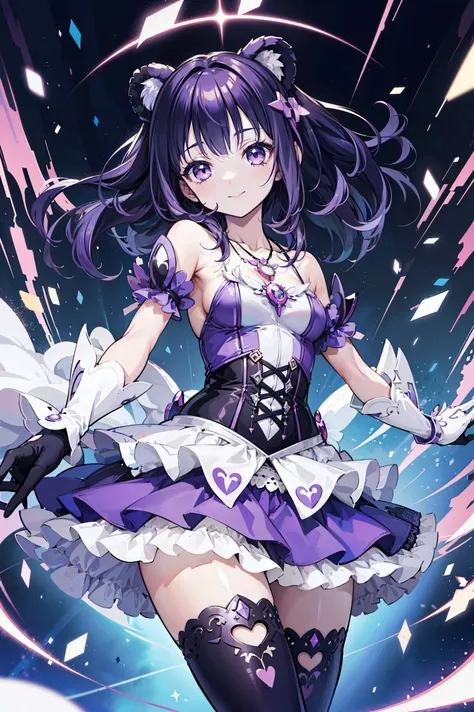 Cute magical girl , ( Ultra short wavy hair,Highlights ), Smile, compensate, purple eyes, Small , Big curve body,Playful Gesture,white goth bear top , necklace, Gloves, (Super Accurate, Absolute determination, of the best quality:1.3), 2.5D, De...