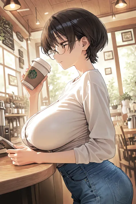 Highest Quality、high image quality、big boobs、An older sister with short hair clipped on the sides while drinking coffee in a quiet cafe。slim denim with a simple white shirt、Calm expression wearing glasses。the gap between the funky look shines。The backgroun...