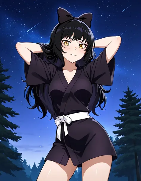 Blake Belladonna (RWBY All Volumes), black hair, long hair, ribbon, bow, ribbon, hair bow yellow eyes, belt, medium breasts, thighs, BlakePajamas, black kimono, short kimono, japanese clothes, hair bow, high quality, solo, night sky, forever forest, arms b...