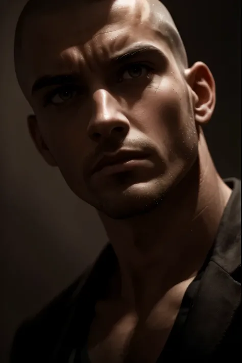 black and white portrait of a man with shaved head, intense expression, detailed skin texture, high resolution, professional, studio lighting, hyperrealistic, cinematic lighting, dramatic shadows, chiaroscuro, moody atmosphere, chiaroscuro, dramatic lighti...