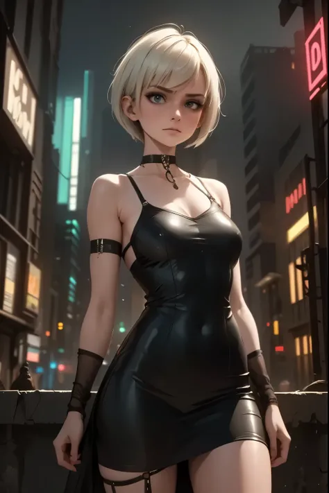 model with asymmetrical pixie cut, futuristic liquid metal dress, night city skyline,detailed portrait,intricate facial features,pensive expression,dramatic pose,high fashion,5K,8K,masterpiece,photorealistic,ultra-detailed,HDR,cinematic lighting,neon-lit c...