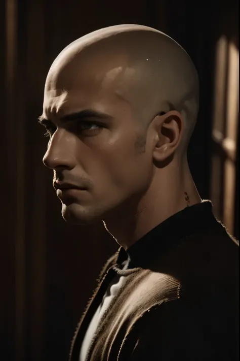 black and white portrait of a man with shaved head, intense expression, detailed skin texture, high resolution, professional, studio lighting, hyperrealistic, cinematic lighting, dramatic shadows, chiaroscuro, moody atmosphere, chiaroscuro, dramatic lighti...
