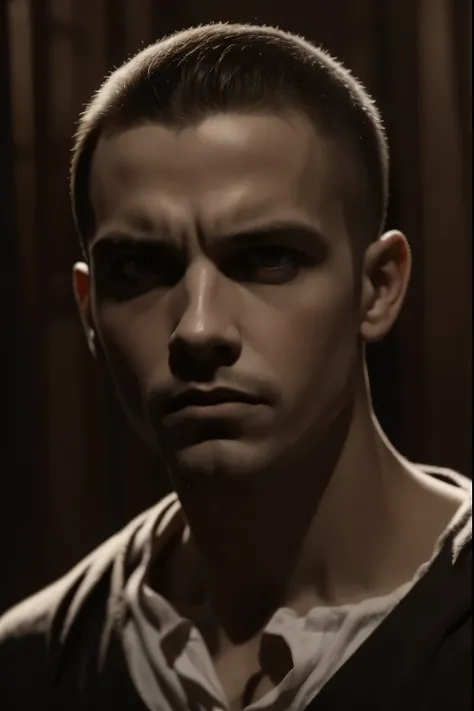 black and white portrait of a man with shaved head, intense expression, detailed skin texture, high resolution, professional, studio lighting, hyperrealistic, cinematic lighting, dramatic shadows, chiaroscuro, moody atmosphere, chiaroscuro, dramatic lighti...