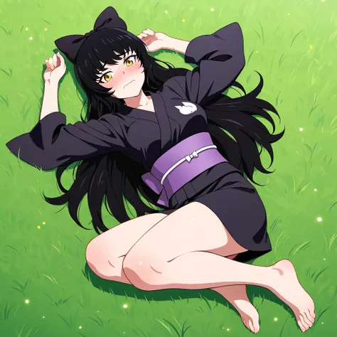 Blake Belladonna (RWBY All Volumes), black hair, long hair, ribbon, bow, ribbon, hair bow yellow eyes, belt, medium breasts, thighs, BlakePajamas, black kimono, short kimono, japanese clothes, hair bow, barefoot, bare legs, high quality, solo, lying, on gr...