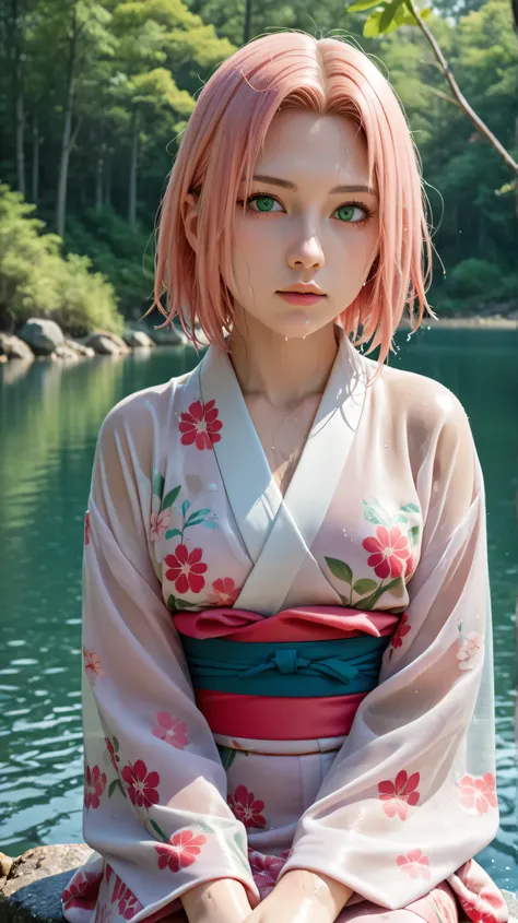 1girl, solo,haruno sakura,green eyes,pink hair,short hair,outdoors,potrait,mangrove forest,small breast,(lake background:1.4),sitting on water,close up,front view,navel,(sheer kimono:1.5),(wet body:1.5),sitting on stone