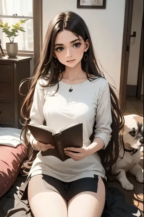 Minimalist roommate surrounded by puppies: tidy room with basic furnishings, dressed in all-white, sipping tea while reading a book. realistic