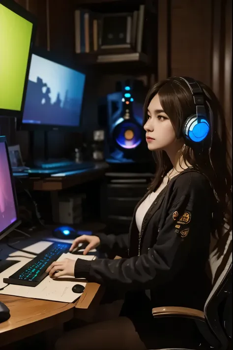 Gamer roommate: dark room lit only by RGB lights, headphones on, focused in front of three monitors. image like a photo