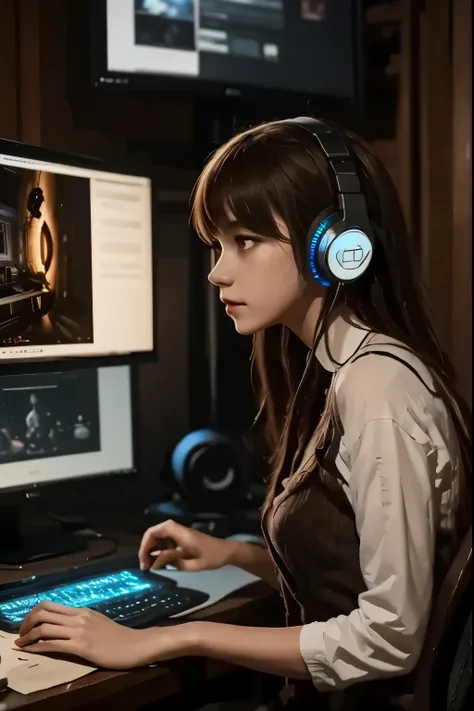 Gamer roommate: dark room lit only by RGB lights, headphones on, focused in front of three monitors. image like a photo