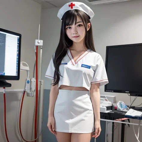 A breathtakingly beautiful 20-year-old woman stands in a warmly lit hospital room, dressed in a white mini-skirt nurse uniform with a matching cap. Her shy smile adds a touch of charm, while the surrounding medical equipment and furnishings create an authe...