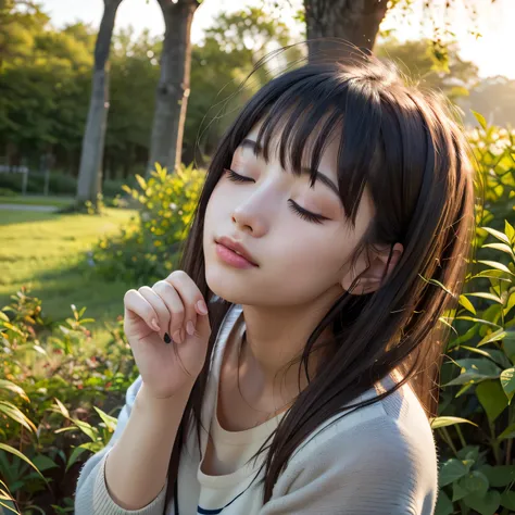 A breathtakingly beautiful 20-year-old woman stands in a lush green park at sunset, bathed in the warm golden light of the evening sun. Facing forward, her eyes gently closed, cheeks slightly flushed, and her face tilted upward as if anticipating a kiss, s...