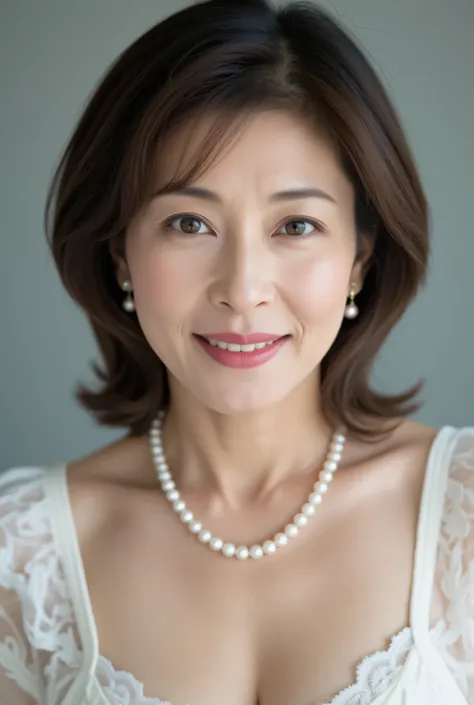 Close-up portrait of a sophisticated middle-aged Japanese woman, 48 years old, layered short bob haircut. Soft waves gracefully frame her face. she has a gentle and sophisticated look, With a warm smile . She has soft pink lips and natural makeup with subt...