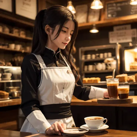 A girl is working as a waitress in a cozy cafe. She's wearing a classic maid outfit. The air feels warm and calm, and it's like you can almost smell the coffee through the picture. long hair, dark hair, dark eyes.