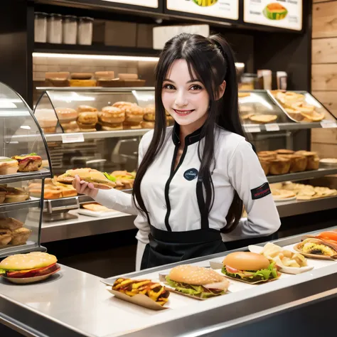 She is a cheerful girl working behind the counter at a cozy burger shop. She is wearing a cute burger shop uniform and smiling warmly at the customers. The background shows a bright and clean fast food counter with menu boards. long hair, dark hair, dark e...