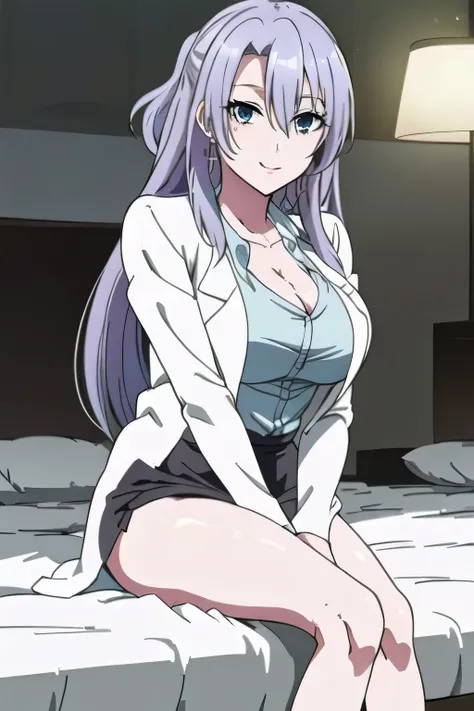 I'm sitting on a chair with my legs closed，Smile Yang， can you draw a smiling expression even More Delicate    ly，素敵なSmile Yangの女性を繊細に描いていただけますか，More Delicate     ，愛らしいSmile Yangの女性    ，LONG LIGHT PURPLE HAIRの女性，薄手の服を着たBIG BREASTSの女性，micro mini skirt，BIG B...