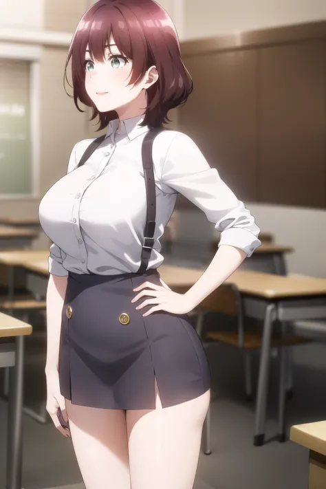 Can you draw a woman with short brown hair,Facial expression is a top priority, don't cut out my face、学生服の爆乳miniskirtの女性を描けますか,can you draw the details of the hands and legs more accurately,Women with gentle smiles, ,is standing,、Facial expressions come fi...