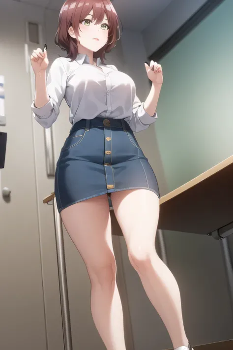 Can you draw a woman with short brown hair,Facial expression is a top priority,Please don't cut out my face with facial expression as the top priority、学生服の爆乳miniskirtの女性を描けますか,Women with gentle smiles, ,is standing,、The expression comes first ,, minisk...