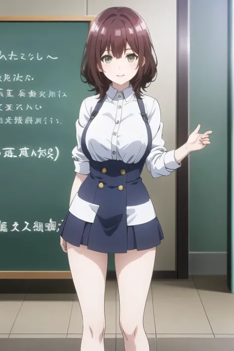 Can you draw a woman with short brown hair,Facial expression is a top priority,Please prioritize facial expressions and don't cut out faces。、学生服の爆乳miniskirtの女性を描けますか,Women with gentle smiles, ,is standing,、open legs and give priority to defenseless express...