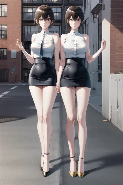dark-haired shorthair woman bending forward and holding hands on a bench,naked eye,a woman in a sleeveless big breasted miniskirt costume,Splendid Thighs,Beautiful legs,High Heels,standing in the teacher's house,don't trim your face with facial expressions...