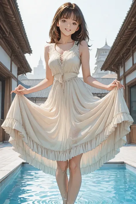 Young Asian woman, 20s, jumping joyfully.  Light-skinned, with short, dark brown hair and a cheerful expression.  She wears a flowing, sheer, off-white, layered dress, sleeveless and with a v-neckline.  The dress has delicate, ruffled detailing, creating m...