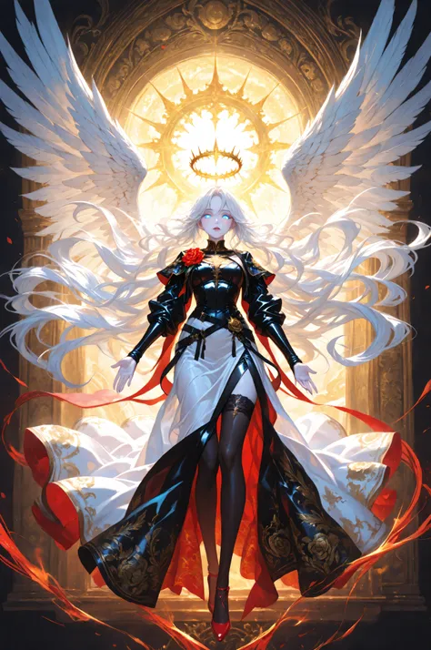 midjourneylora,a picture of magnificent  female angel, busty, dynamic hair color, long hair, flowing hair, shining blue eyes, white wings, wearing intricate elegant black leather dress, wearing red high heels, spread angel wings, pale skin, white hair, col...