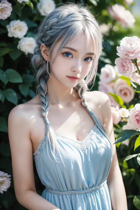 (Above),Dynamic Angle,Very detailed, shape, Direct, 1 girl, (fantasy:1.4), (Light blue eyes:1.233),Her eyes shone like Like a dream stars,(Glowing eyes:1.233),(Beautiful and delicate eyes:1.1),(Silver Hair:1.14),(Messy hair,Very long hair,French Braid,Hair...
