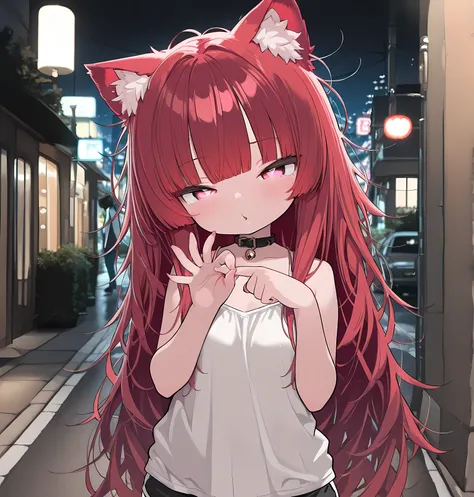 1girl,Cat ears,mesugaki,messy long red hair,blunt bangs,lefthandp3n, righthandp3n,Camisole,micro hotpants,prostitute,night,street,(masterpiece:1.2), (best quality:1.2), (very aesthetic:1.2), (absurdres:1.2), (detailed background)