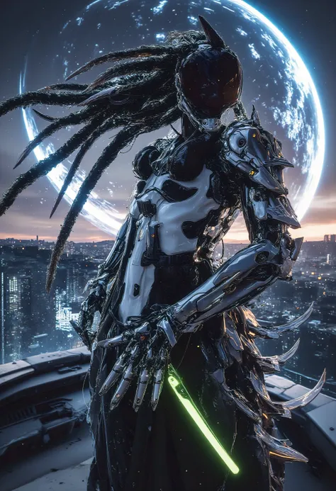 A mecha woman with dreadlocks, a body full of ornaments and spikes, a badass but sleek cyborg design, gundam wings, standing in a building with a long distance view of a holographic city in the twilight with stars. The background is a planet planet with an...