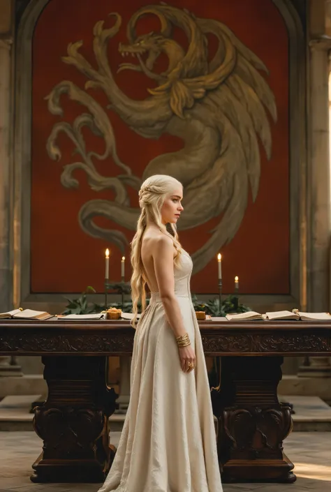 Game of Thrones-style photorealistic image. Create a high-resolution poster. Daenerys Targaryen standing with her back to the camera but looking over her shoulder. Her gaze is determined and calm. Behind her, a large hand-carved ebony table on the terrace ...