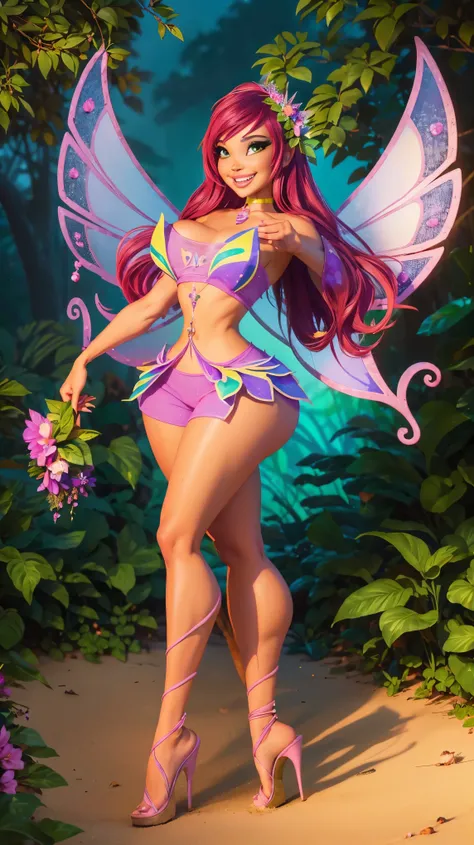 (girl,fullbody,thick thighs),Flower crown , (smile:1.1,sexy smile),(fairy,bikini),(high heels),(Big fairy wings),(magical forest),(night),(magic in the air)