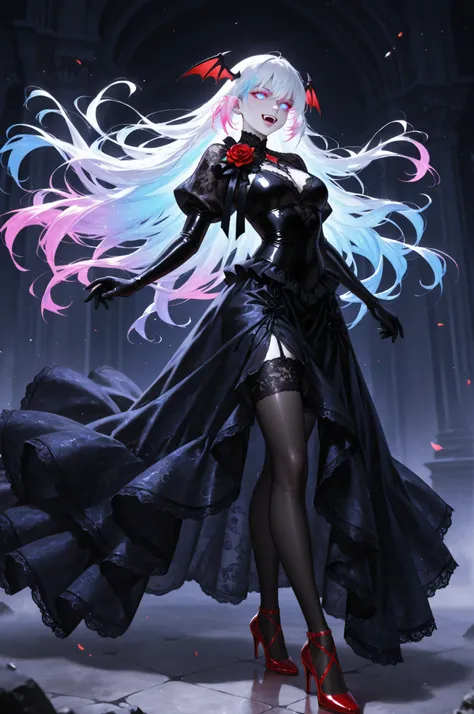 FLUX,Semi Realistic,Vampire fangs teeth,Fang,midjourneylora,aidmaMJ6.1,a picture of magnificent  female vampire, busty, dynamic hair color, long hair, flowing hair,  pale skin, colorful hair, colorful eyes, glowing eyes, shining blue eyes, wearing intricat...