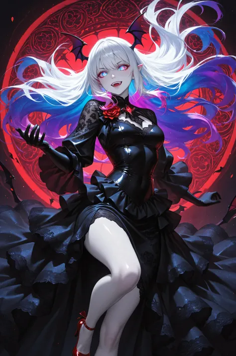 FLUX,Semi Realistic,Vampire fangs teeth,Fang,midjourneylora,aidmaMJ6.1,a picture of magnificent  female vampire, busty, dynamic hair color, long hair, flowing hair,  pale skin, colorful hair, colorful eyes, glowing eyes, shining blue eyes, wearing intricat...